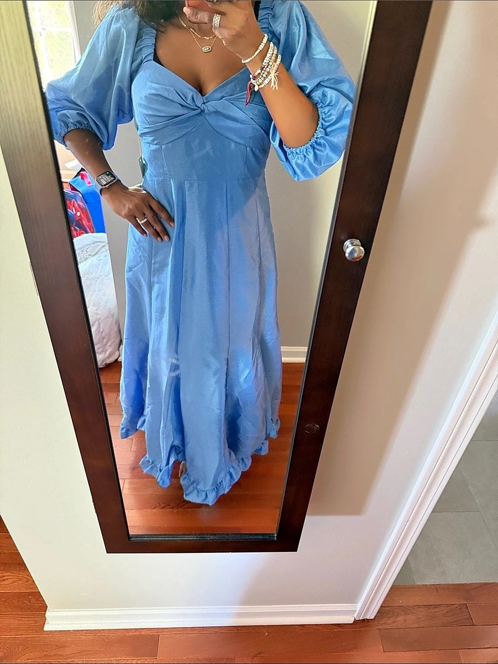 Hutch Twist-Front Puff-Sleeve Ruffle-Hem Dress Blue Maxi Dress